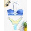 Women ZAFUL Criss Cross Ruched Ombre High Cut Tankini Swimwear L Blue