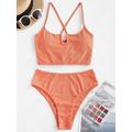 Women ZAFUL U Wired Ribbed Lace-up Tankini Swimwear S Orange