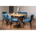 Bentley Designs Rimi Rustic Oak Effect Melamine 6 Seater Dining Table With X Leg & 6 Cezanne Petrol Blue Velvet Fabric Chairs With Black Legs