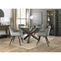 Bentley Designs Cannes Clear Glass 4 Seater Dining Table With Dark Oak Legs & 4 Dali Grey Velvet Fabric Chairs With Black Legs