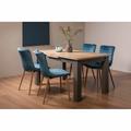 Bentley Designs Cookham Scandi Oak 4-6 Seater Dining Table With Dark Grey Legs & 4 Eriksen Petrol Blue Velvet Fabric Chairs With Grey Rustic Oak Effect Legs