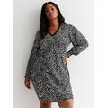 New Look Curves Black Animal Heart Print Long Sleeve Lace Trim Mini Dress, Print, Size 32, Women