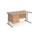 Maestro 25 Beech Straight Office Desk with 3 Drawer Pedestal and Silver Cantilever Leg Frame - 1400mm x 800mm