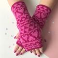 Ladies Lambswool Wrist Warmers Heart Pattern, Raspberry Pink/Raspberry/Pink