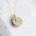 Round Silver Locket With Gold Charm Necklace, Silver