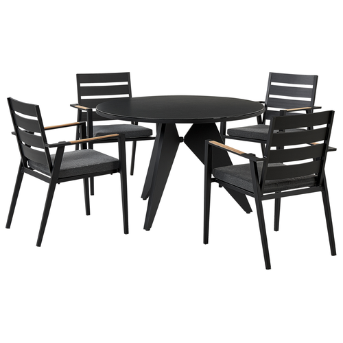 Gartenmöbel Set 5-teilig Schwarz Aluminium Tisch ⌀ 110 cm Rund Keramikplatte mit 4 Stühlen Auflagen Grau Stapelbar Terrasse Außenbereich