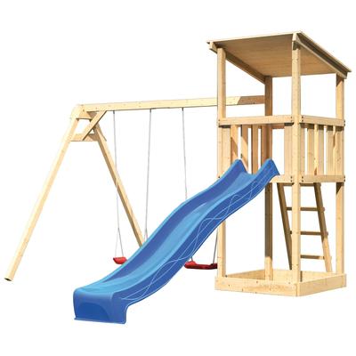Spielturm KONIFERA "Anna", bunt (natur, rot, blau), Spieltürme, KinderB:347cm H:270cm T:264cm, Holzwerkstoff, BxTxH: 347x264x270 cm, B:347cm H:270cm T:264cm
