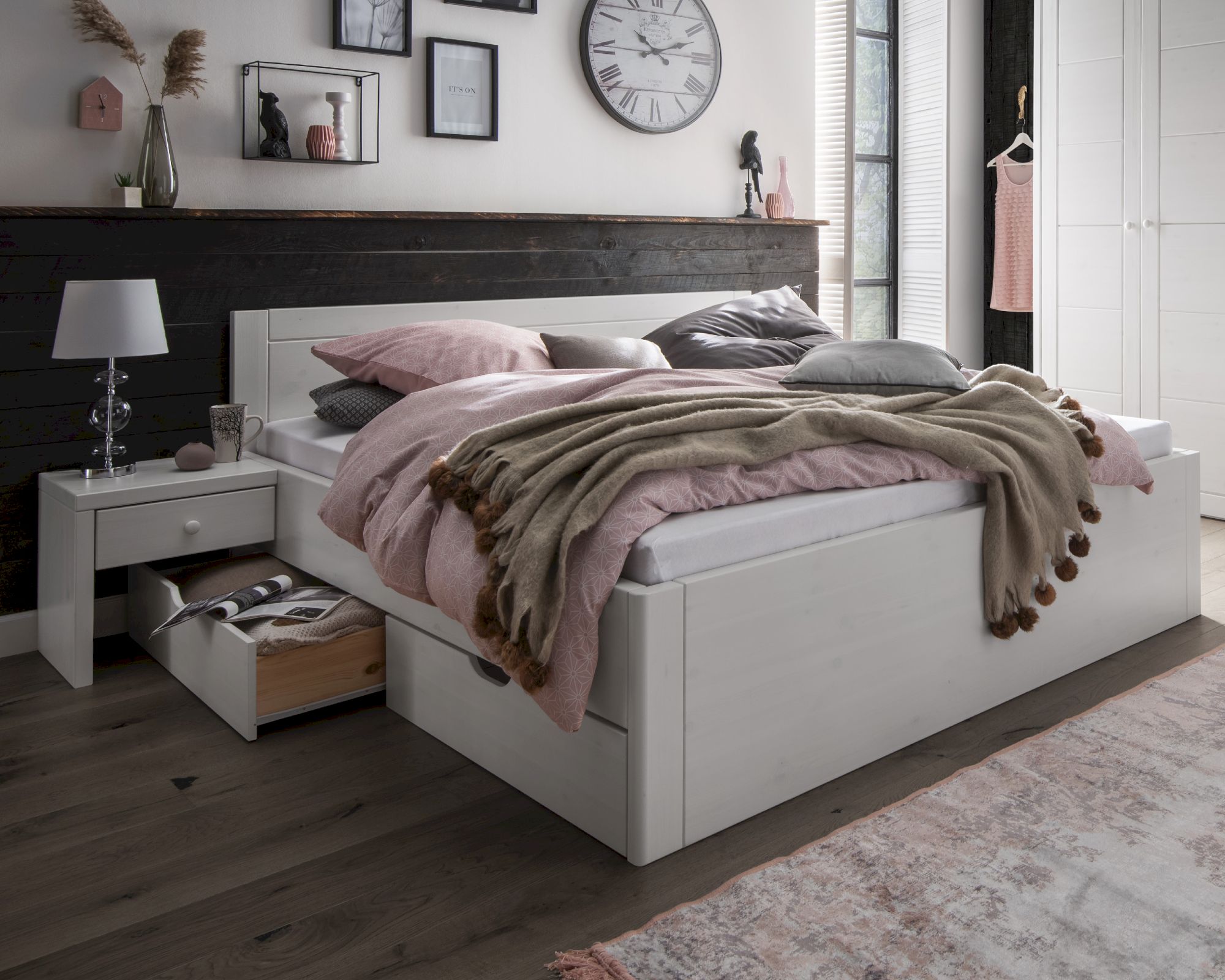 MassivHolz »Vita« Bett weiß mit 4 Schubkästen / 140x200 cm / weiss
