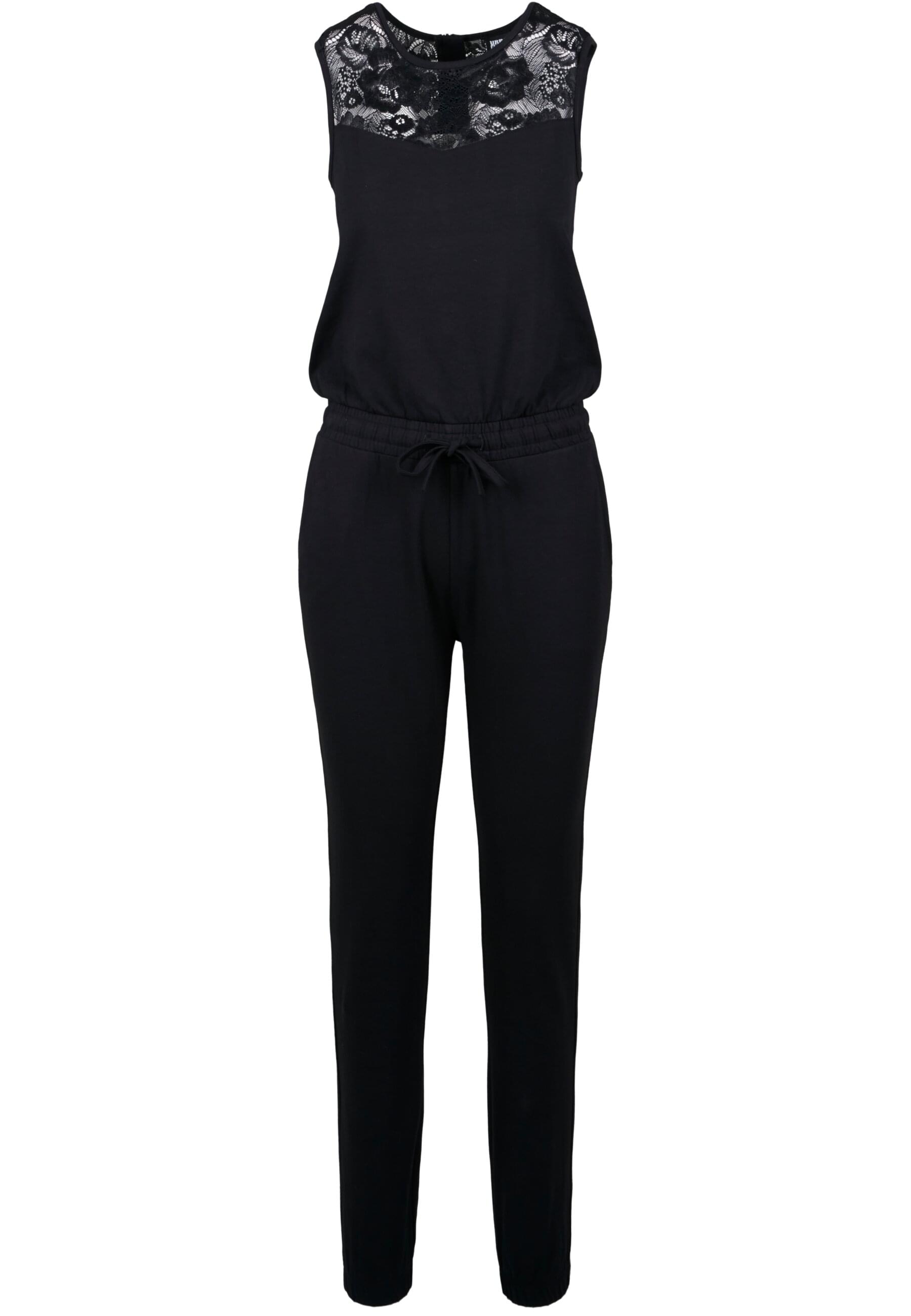 Jumpsuit URBAN CLASSICS "Urban Classics Damen Ladies Lace Block Jumpsuit", Damen, Gr. L, schwarz, 95% Baumwolle, 5% Elasthan, unifarben, normal, Rundhals, Overalls Image