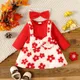 2pcs Baby Girl Red Ribbed Long-sleeve Spliced Floral Sherpa Fleece Bow Front Dress with Headband Set