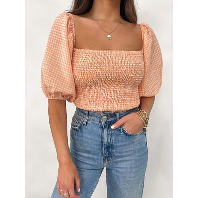 Libby Shirred Puff Sleeve Top - Orange Gingham
