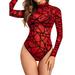 Gwiyeopda Women s See through Sheer Skinny Bodysuit Geometry Print Long Sleeve Bodycon Romper Jumpsuits Tops