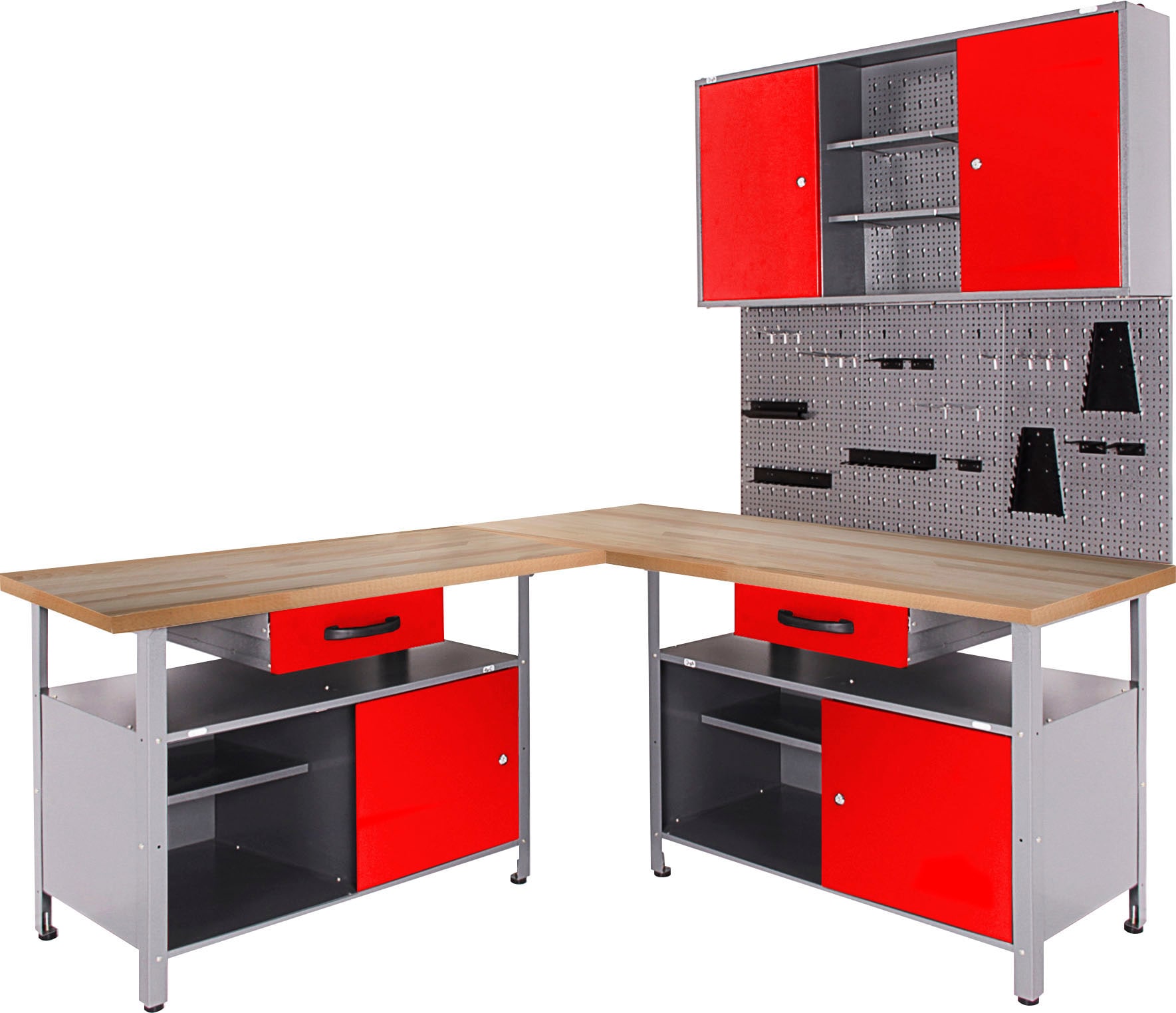 Werkstatt-Set ONDIS24, rot (rot, anthrazit), B:120cm H:205cm T:60cm, Metall, Werkbänke, mit 2 Werkbänken, Werkzeugschrank & Lochwand