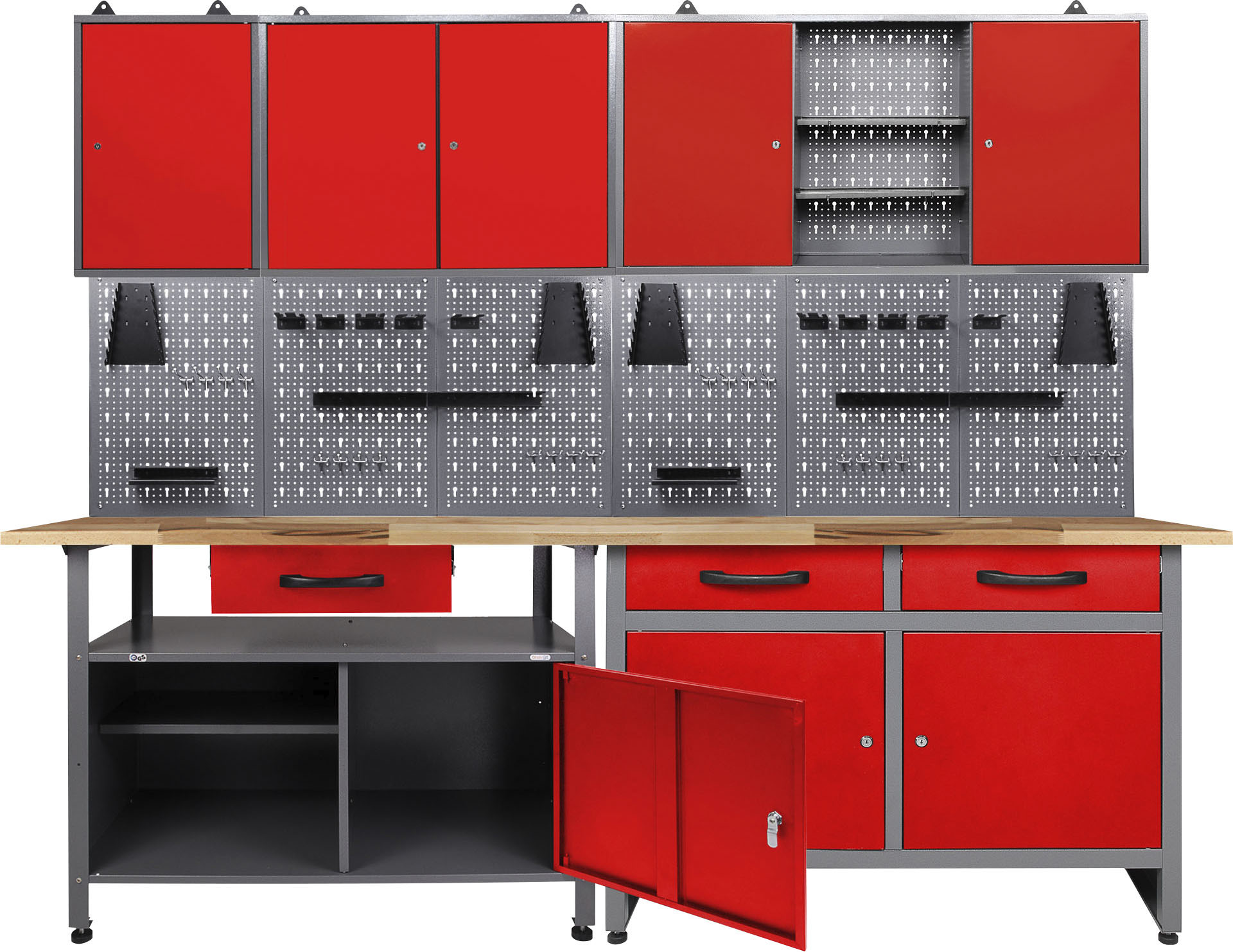Werkstatt-Set ONDIS24, schwarz (schwarz, rot), B:240cm H:205cm T:60cm, Metall, Werkbänke, 2x Werkbank, 2x Werkzeugwand, 3x Hängeschrank