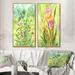 Red Barrel Studio® Green Field w/ Red Blossoming Bush - 2 Piece Painting Set on Canvas Metal in Blue/Green/Pink | 40 H x 40 W x 1 D in | Wayfair