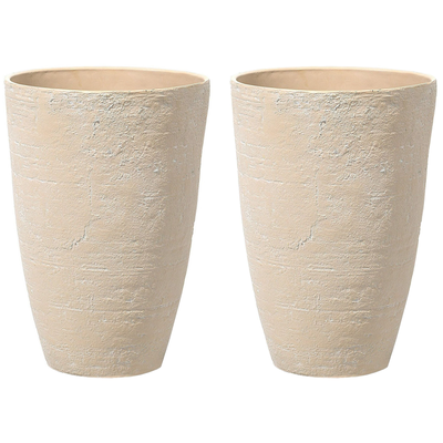 Blumenkübel 2er Set Beige Steingemisch und Glasfaser 43 x 43 x 60 cm mit Schlanker Form Modernes Design Garten Balkon In