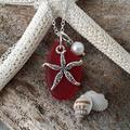 Hawaiian Jewelry Sea Glass Necklace, Red Necklace Starfish Pearl Fun Beach | January Birthstone