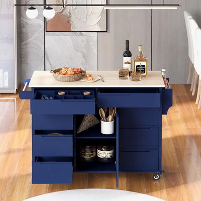 Kitchen Island Cart with Rubber Wood Top and Locking Wheels