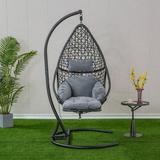 Hanging Swing Chair Wicker Rattan Basket Hanging Chair with Arc Stand Set Indoor & Outdoor Freestanding Moon Hammock Chair w/Cushion Hanging Chaise Lounger Chair for Patio Porch Balcony-Gray