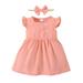 Kucnuzki Newborn Baby Girl Clothes 3 Months Summer Dress 6 Months Fly Sleeve Square Neck Elegant Solid Color Dress Headband 2PCS Set Pink