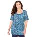 Plus Size Women's Jeweled Neck Pintuck Top by Catherines in Navy Watercolor Plaid (Size 0X)