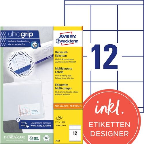 AVERY Zweckform ultragrip Universaletiketten 3661 Selbsthaftend DIN A4 Weiß 70 x 67,7 mm 100 Blatt à 12 Etiketten Image