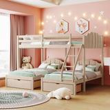Full over Twin & Twin Bunk Bed, Velvet Headboard Triple Bunk Bed with Drawers and Upper Bunk Guardrails, Convertible into 2 Beds