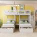 Full over Twin & Twin Bunk Bed, Wood Triple Bunk Bed with Drawers and Full-length Guardrails & Multifunctional Storage ladder