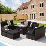 NICESOUL 9 Pcs Patio Wicker Sofa Set with Fire Pit Table Espresso/Black