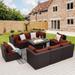 NICESOUL 9 Pcs Outdoor Sofa Set with Fire Pit Table Wicker Sectional Espresso/Red