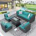 NICESOUL 7 Pcs Patio Furniture Set with Fire Pit Table Wicker Outdoor Sofa Dark Gray/Blue