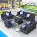 NICESOUL 9 Pcs Outdoor Wicker Furniture with Fire Pit Table Dark Gray/Navy