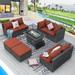 NICESOUL 9 Pcs Outdoor Furniture with Fire Pit Table Wicker Patio Sofa Set Dark Gray/Red