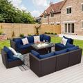NICESOUL 9 Pcs Outdoor Furniture with Fire Pit Table Wicker Patio Sectional Sofa Set Espresso/Navy