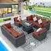 NICESOUL 9 Pcs Outdoor Furniture with Fire Pit Table Wicker Patio Sofa Dark Gray/Red