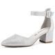 Greatonu Women Classic Party Bridal Closed Pointed Toe Mid Block Heels Ankle Strap Buckle Silver Glitter Mary Jane Court Shoes Size 8 UK