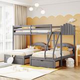 Full Over Twin & Twin Bunk Bed, Velvet Triple Bunk Bed with Drawers and Guardrails for Bedroom