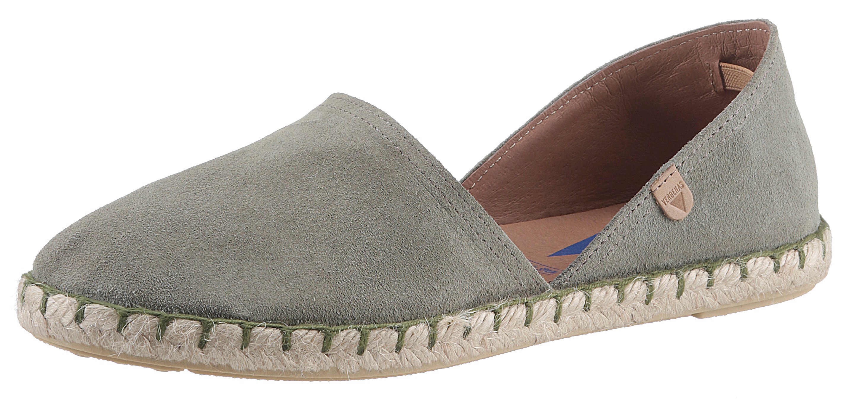 Espadrille VERBENAS "CARMEN SERRAJE", Damen, Gr. 38, grün (hellkhaki), Veloursleder, Schuhe Espadrille, Schlupfschuh, Sommerschuh, Loafer mit typischem Jute-Rahmen
