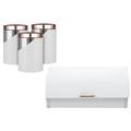 Tower Linear Bread Bin & Tea Coffee Sugar Canisters. Rose Gold & White Kitchen Storage Set of 4