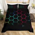 Teal And Blue Red Yellow Duvet Cover Hexagonal Bedding Set Kids Boys Teens Honeycomb Comforter Cover Beehive Simplistic Geometric Bedspread Cover 3Pcs Double Size