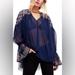 Free People Tops | Free People Xs Joyride Knit Sheer Embroidered Tunic Navy Blue Long Sleeve Top | Color: Blue/Yellow | Size: Xs