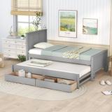 Twin Size Pine Wood Platform Bed with Twin Size Trundle Bed, 2 Storage Drawers and Wood Slats