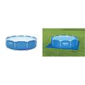 Bestway Steel Pro Frame Pool ohne Pumpe, rund 305x76cm Stahlrahmenpool, blau & Flowclear™ quadratische Bodenplane, 335 x 335 cm, für Aufstellpools bis Ø 305 cm, blau