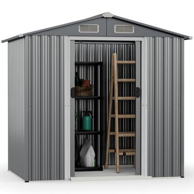 Costway 6 x 4 Feet Galvanized Steel Storage Shed with Lockable Sliding Doors-Gray