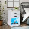 FCH 40*35*60cm Particleboard Pasted Triamine Two Drawers With Socket With LED Light Bedside Table White