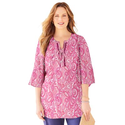 Plus Size Women's Liz&Me® Lace-Up Bell Sleeve Peasant Blouse by Liz&Me in Pink Burst Paisley (Size 0X)