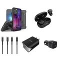 Accessories Bundle for iPhone 14 Pro Max Case - Heavy Duty Rugged Protector Cover (Nebula Galaxy) Belt Holster Clip Wireless Earbuds Car Charger UL Dual Wall Charger USB C to Lightning Cables