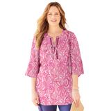 Plus Size Women's Liz&Me® Lace-Up Bell Sleeve Peasant Blouse by Liz&Me in Pink Burst Paisley (Size 1X)