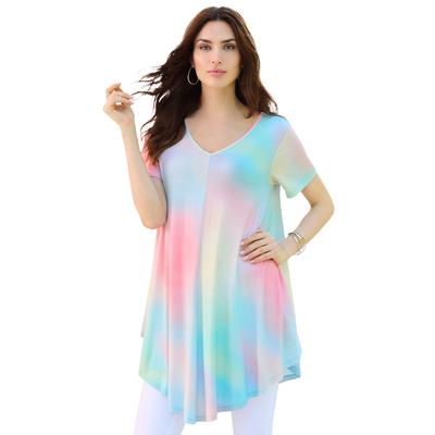 Plus Size Women's Ultra Drape V Neck Swing Tunic by Roaman's in Multi Soft Mist (Size 34/36) Short Sleeve V-Neck Shirt