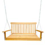Outdoor Front Porch Swing, Wood Bench Swing with Armrests and Hanging Chains